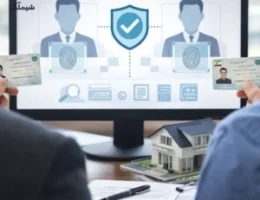 دو فرد در حال نمایش کارت ملی ایرانی خود در مقابل صفحه کامپیوتر که به‌طور دیجیتال هویت آن‌ها تایید می‌شود، با نمادهای اثر انگشت و تایید هویت.