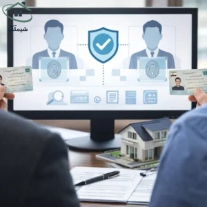 دو فرد در حال نمایش کارت ملی ایرانی خود در مقابل صفحه کامپیوتر که به‌طور دیجیتال هویت آن‌ها تایید می‌شود، با نمادهای اثر انگشت و تایید هویت.